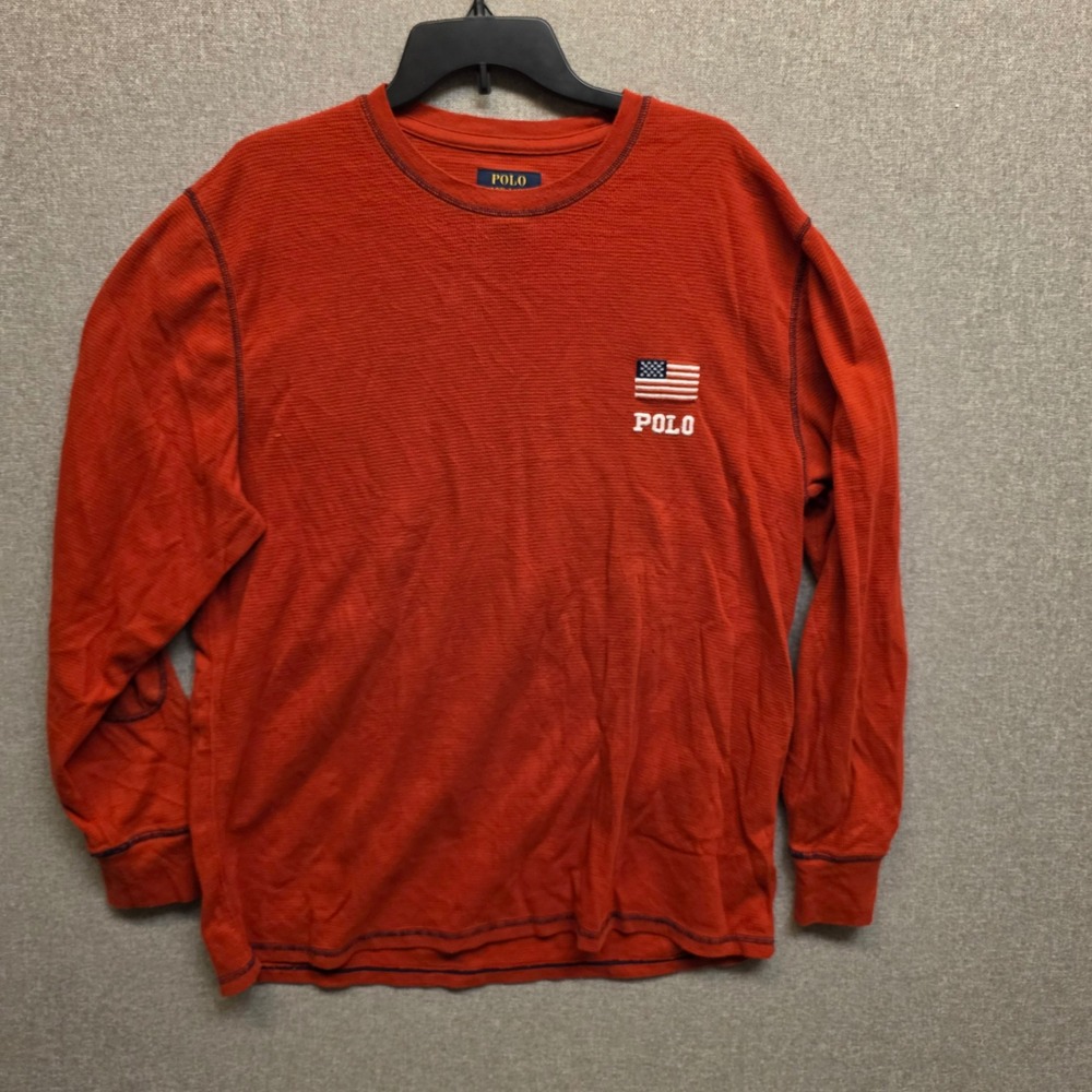 Polo Ralph Lauren Mens 2XL Orange Waffle Knit Thermal USA Flag Shirt